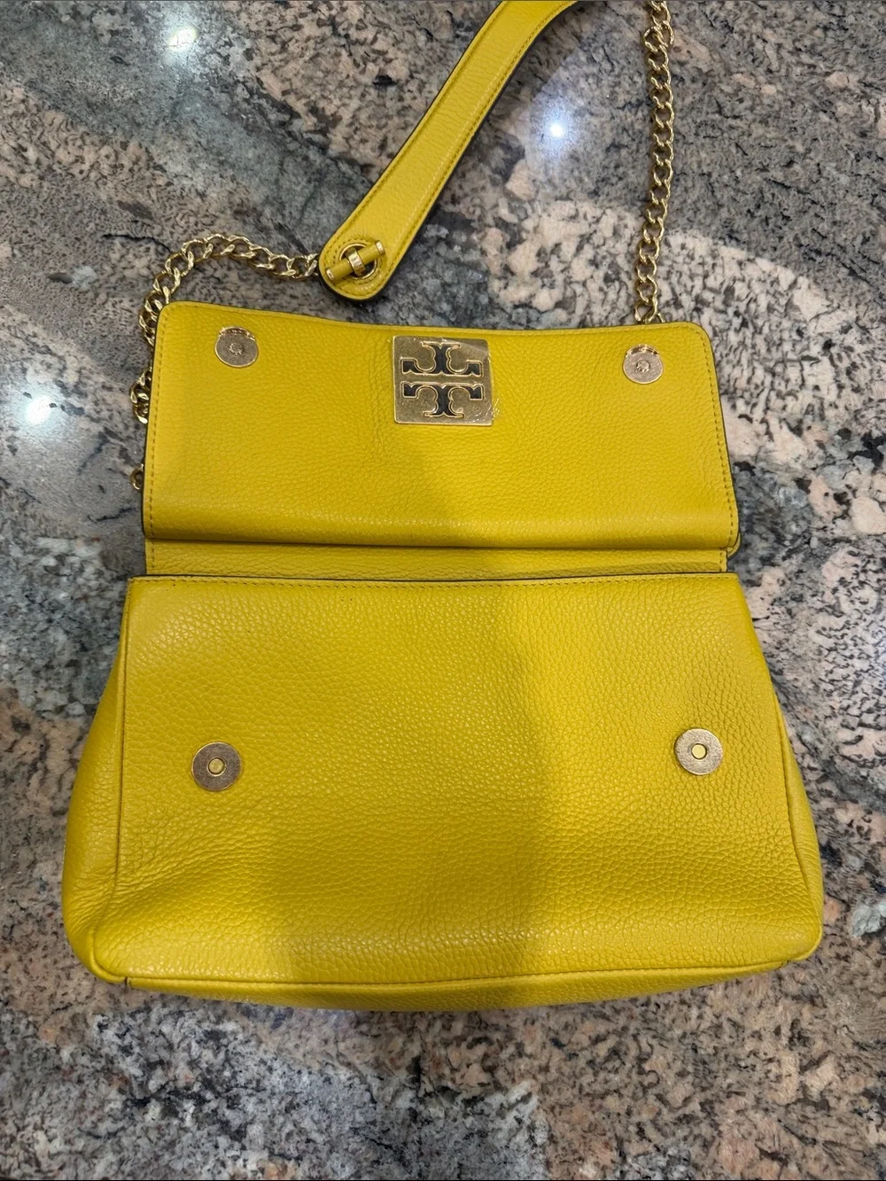 Tory Burch Yellow Pebbled Leather Chain Shoulder Bag with Gold Logo
